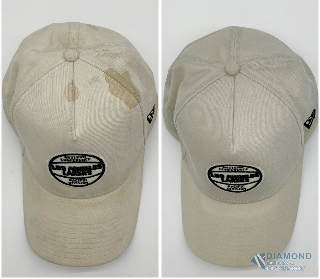 Cream Los Angeles Lakers baseball cap before and after removal of staining to the crown and peak