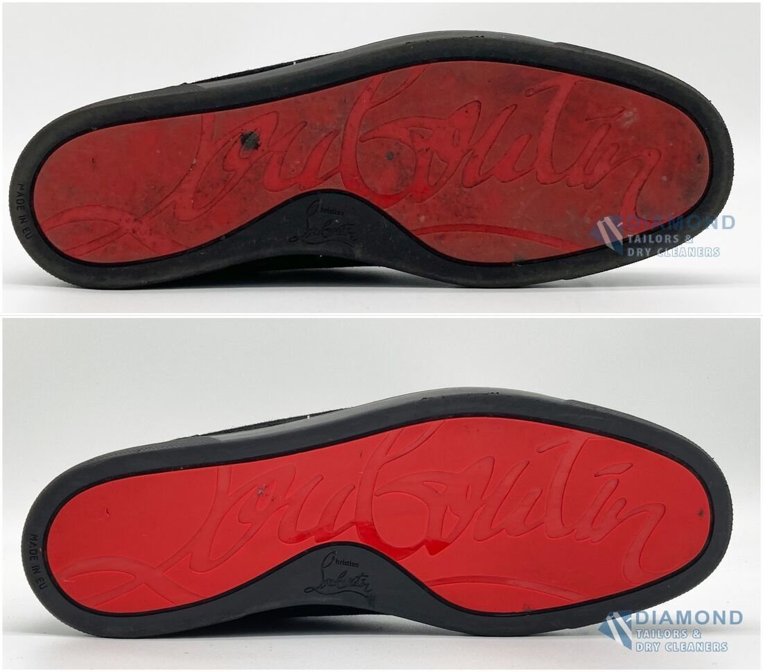 Christian Louboutin red lacquered sole before and after cleaning, showing restored colour