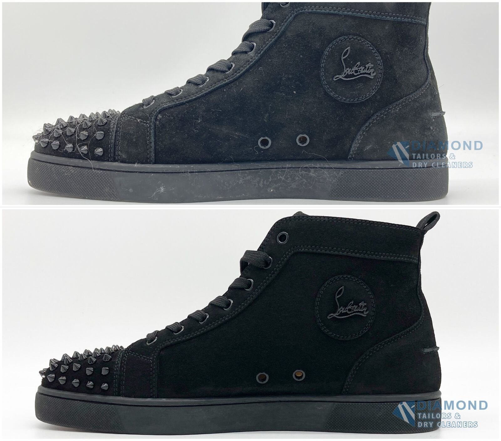 Black Christian Louboutin studded suede high-top sneaker before and after hand cleaning