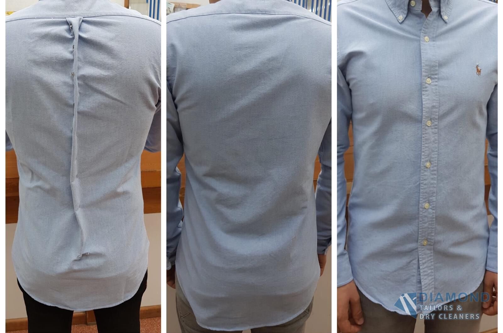 Ralph Lauren oxford shirt altered for a slimmer fit — back seam pinned, taken in, and the finished shirt worn front-on