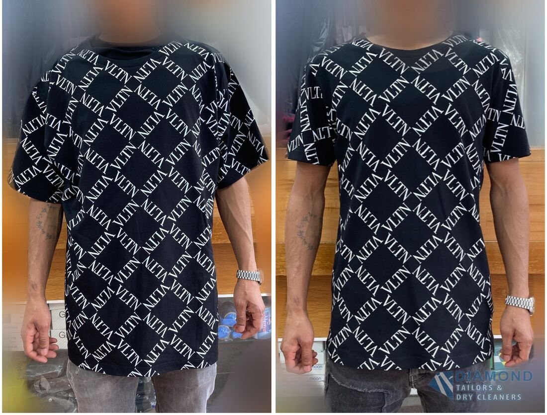 Black Valentino VLTN t-shirt before and after alteration — an oversized boxy fit taken in to a slim, tapered fit
