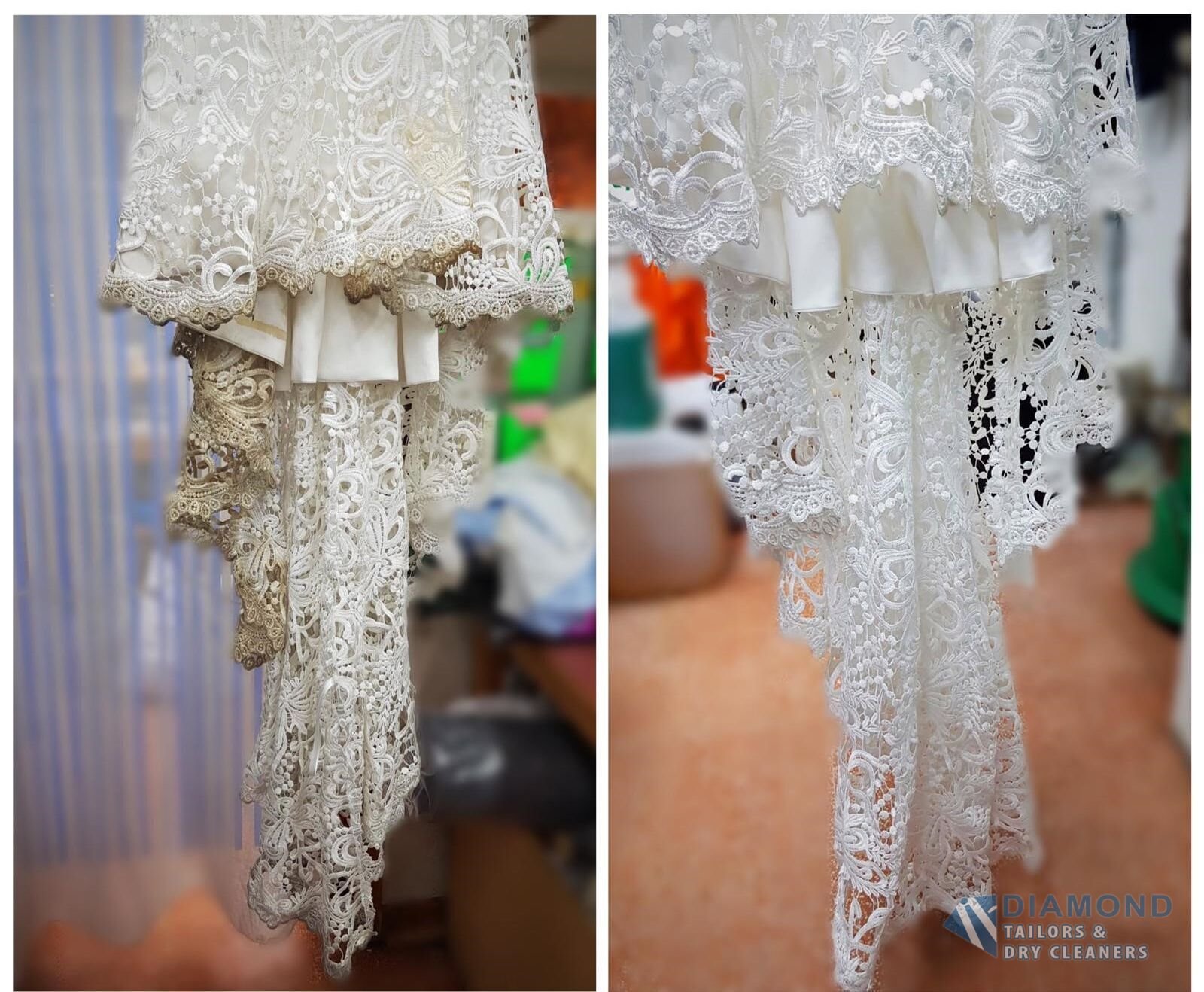 Guipure lace wedding dress hem and train before and after cleaning, showing greyed lace restored to bright white